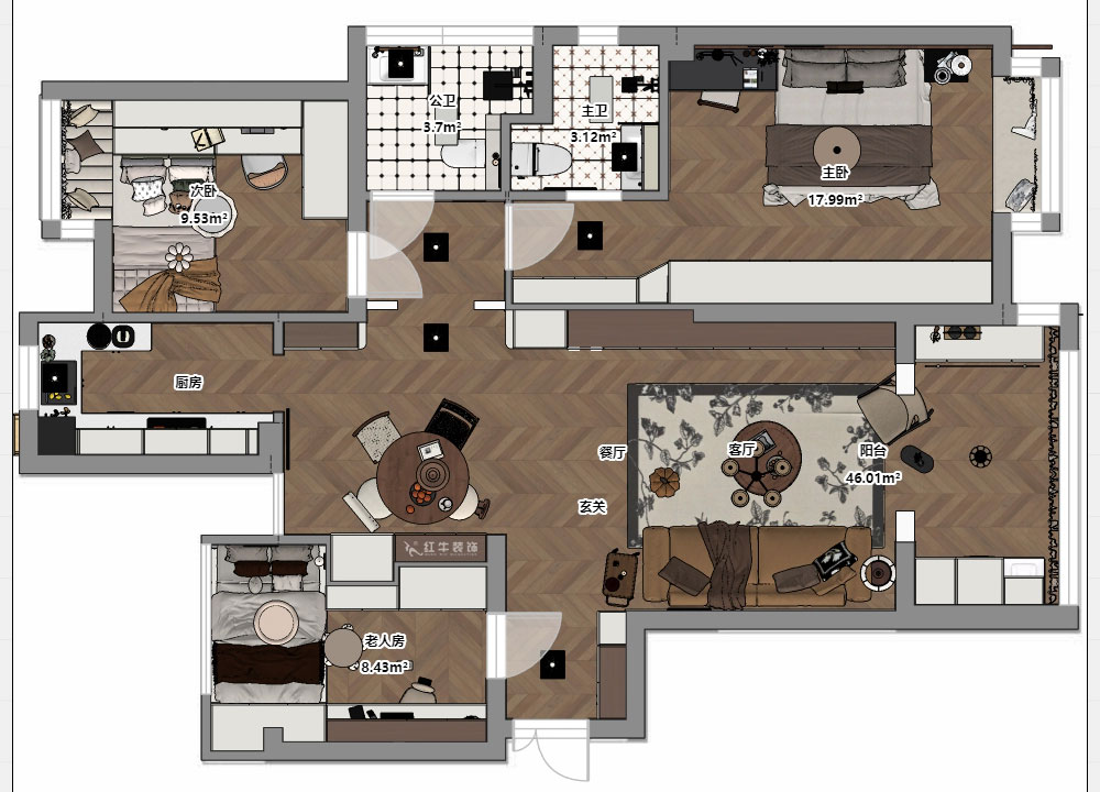 朱明琪｜金地自在城8街区5-1-501-111㎡-中古风｜3室1厅2卫｜老房装修｜定制家｜全包15万｜00_03平面彩图